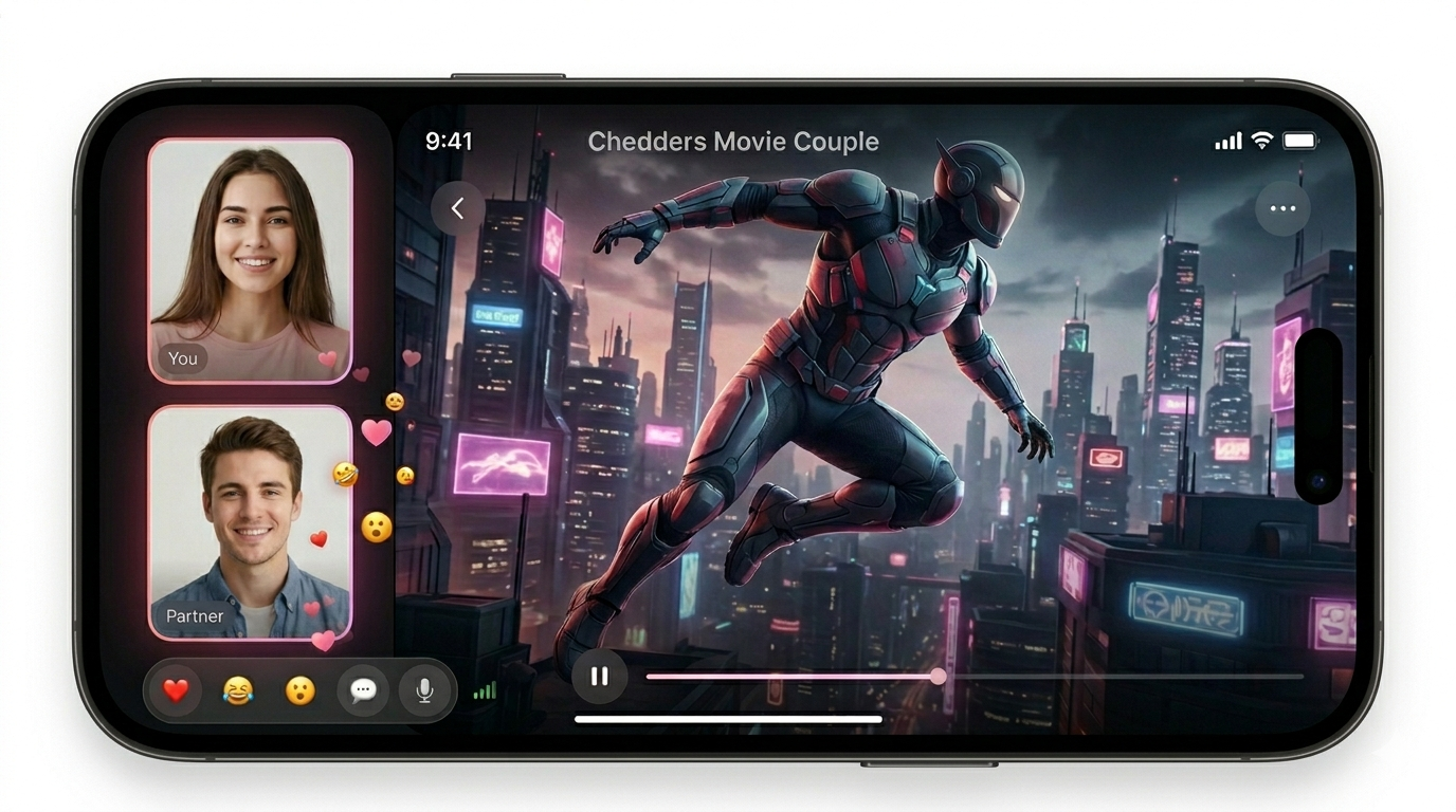 Chedders Movie Couple app — two people on video call watching an action movie together in sync on an iPhone